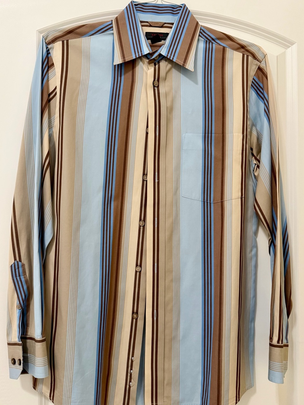 Express Men’s Dress Shirt Small S Blue Tan Brown Striped Button Up Long Sleeve